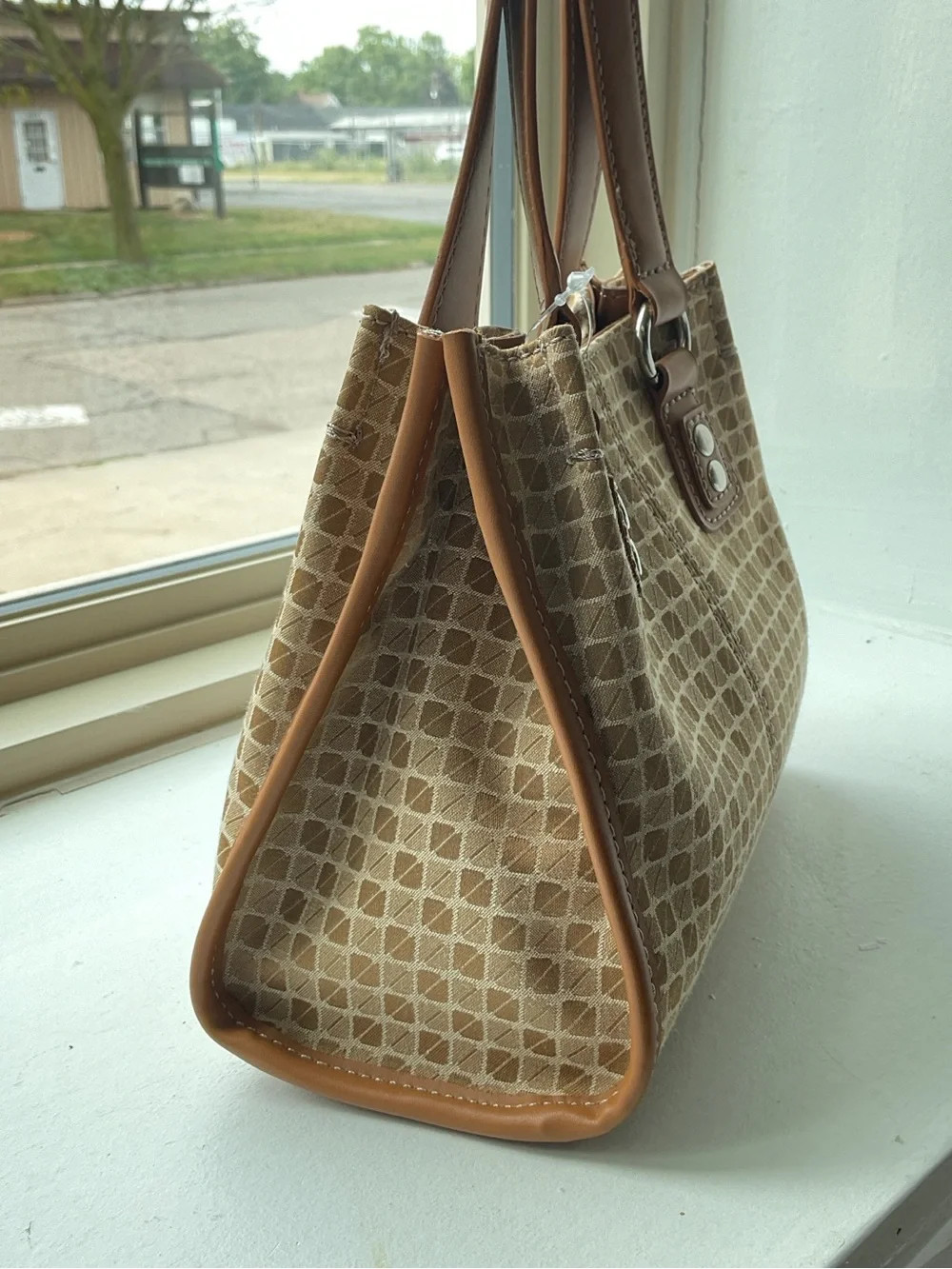 Tan Patterned Tote with Leather Trim